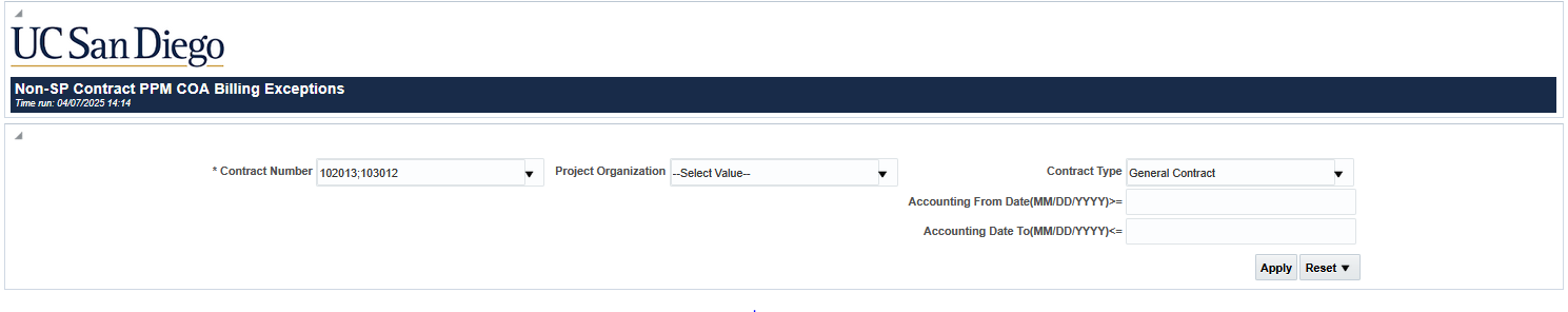 non-sp contract ppm coa billing exceptions report prompt